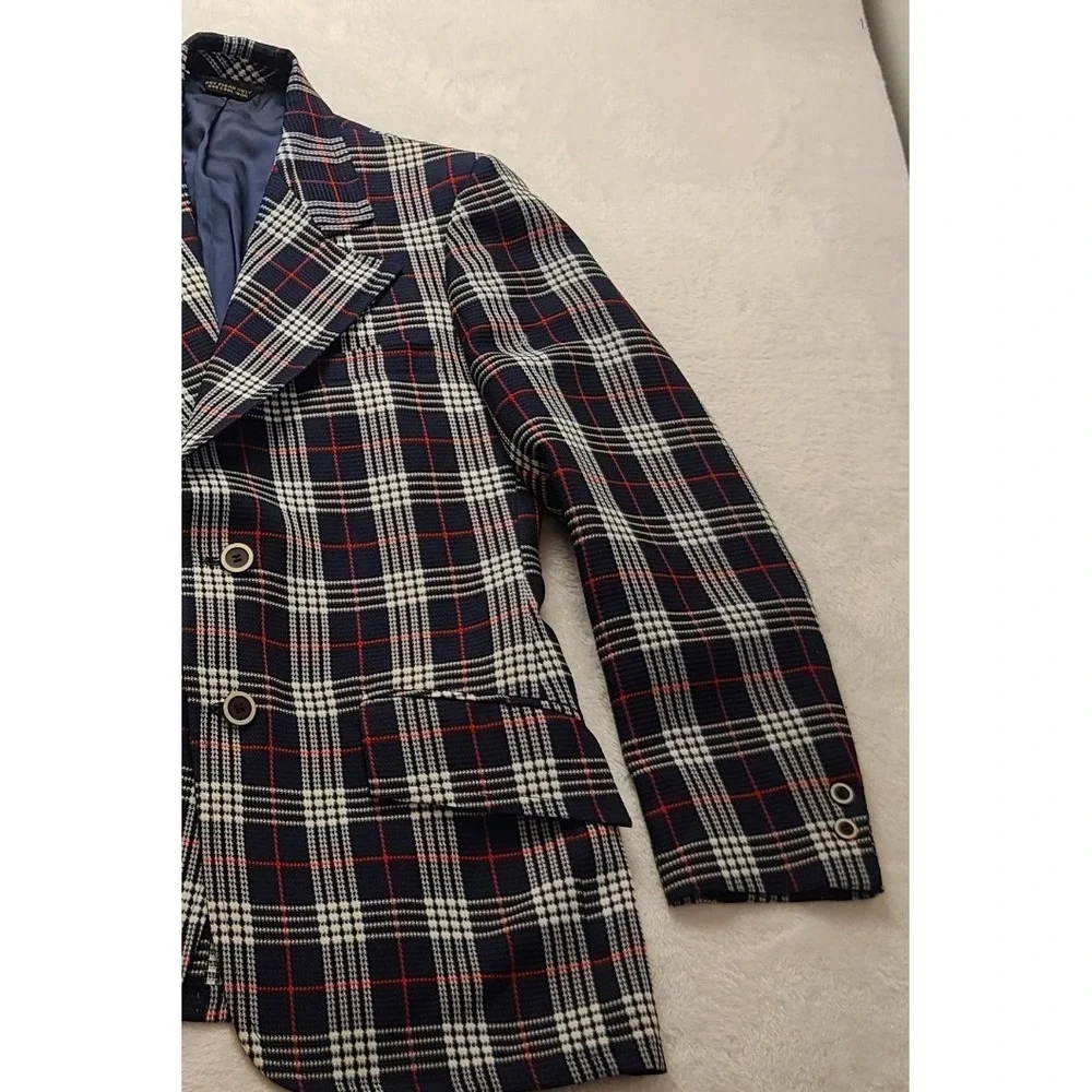 Richman Brothers Sportsman Knits Vintage Men's Plaid Blazer Navy Red White 20x31
